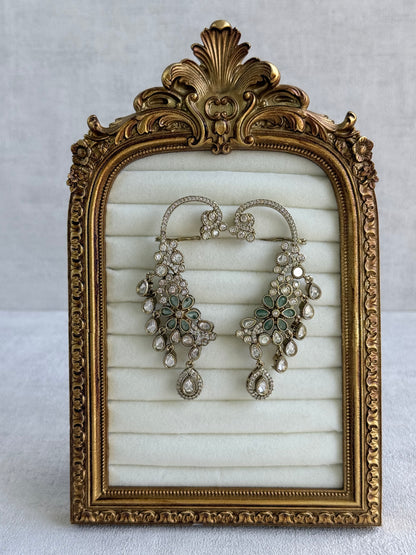 Ayura Designs Aksara Kaanphool Earrings – Mint Green Stones, Kundan, Crystals & Antique Gold Finish