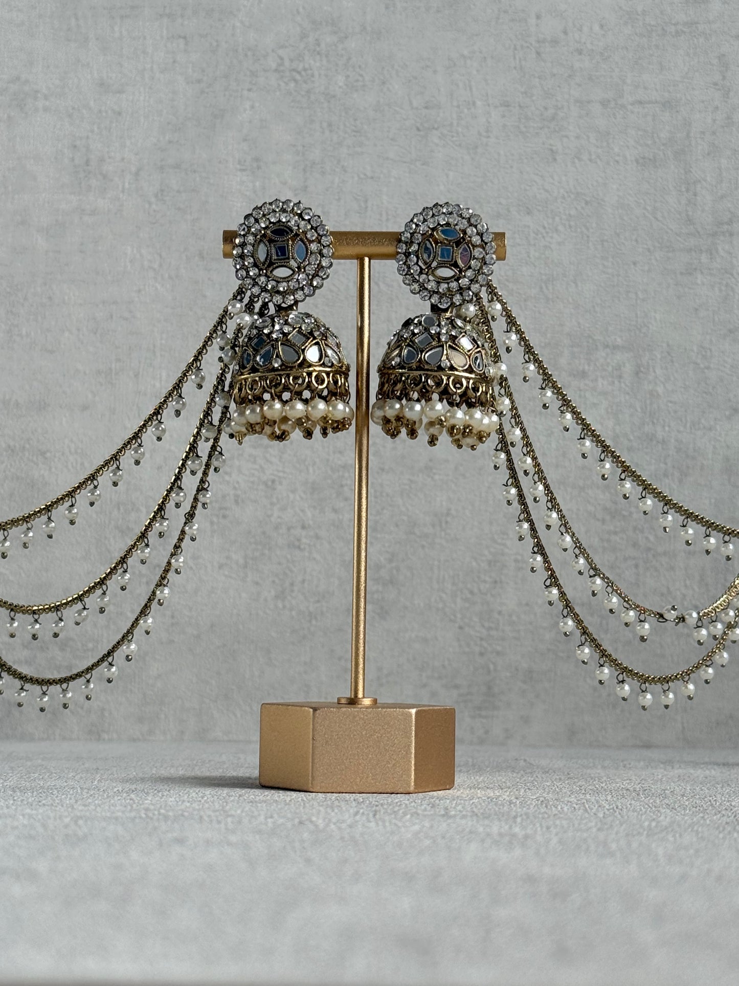 Ayura Designs Aaina Jhumkis – Antique Gold Mirror & Crystal Earrings with Detachable Triple-Layer Pearl Sahare