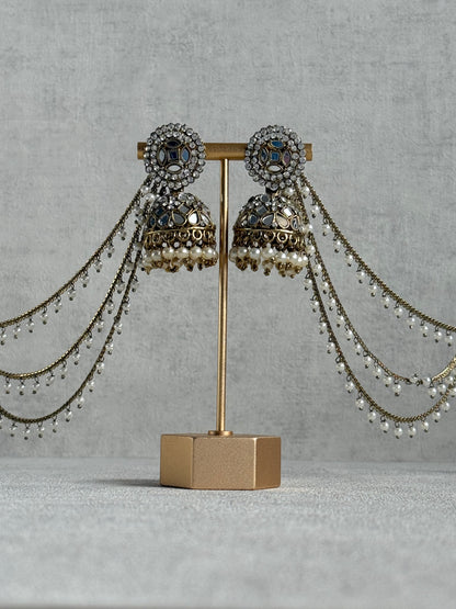 Ayura Designs Aaina Jhumkis – Antique Gold Mirror & Crystal Earrings with Detachable Triple-Layer Pearl Sahare