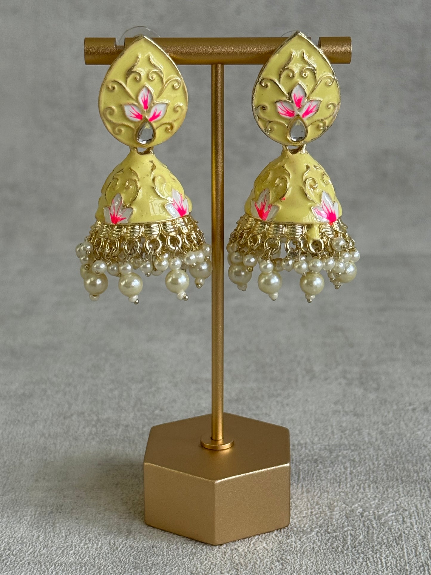 Ayura Designs Gia Jhumkis – Butter Yellow Meenakari with Pink Lotus Motifs & Ivory Pearl Drops