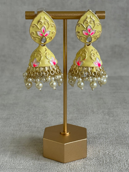Ayura Designs Gia Jhumkis – Butter Yellow Meenakari with Pink Lotus Motifs & Ivory Pearl Drops