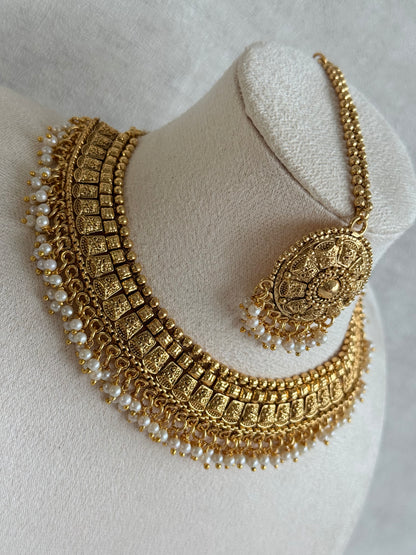 Ayura Designs Iksirat Necklace Set with Jhumkis & Tikka – Gold Heritage Design with Pearl Detailing