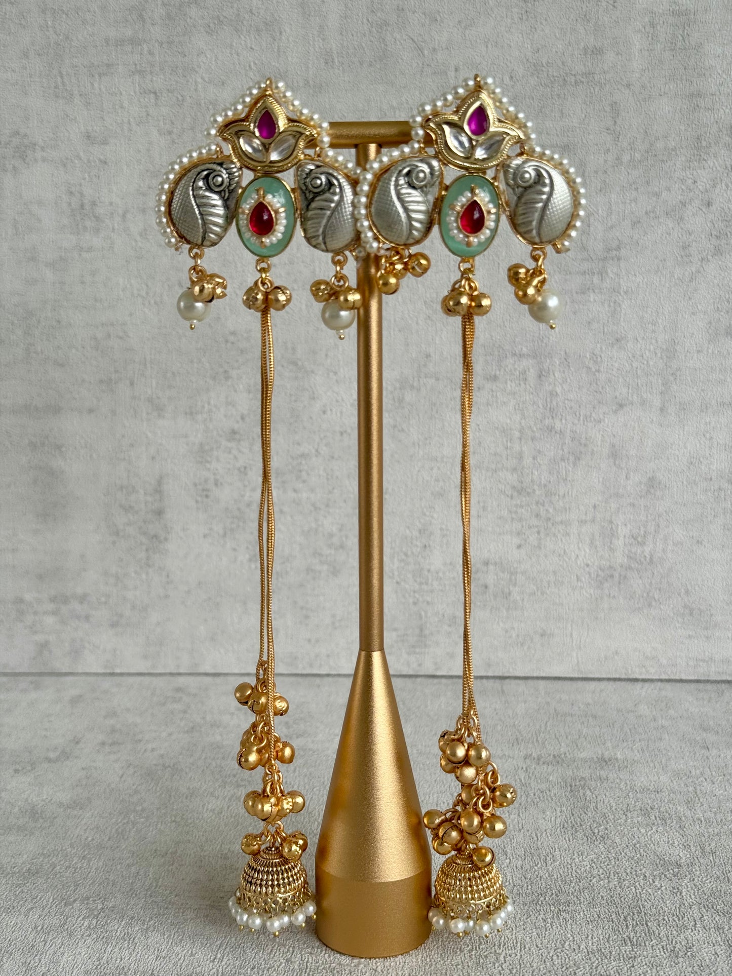 Ayura Designs Sozni Kashmiri Earrings – Kashmiri-Inspired Meenakari with Pistachio Green & Ruby Detailing