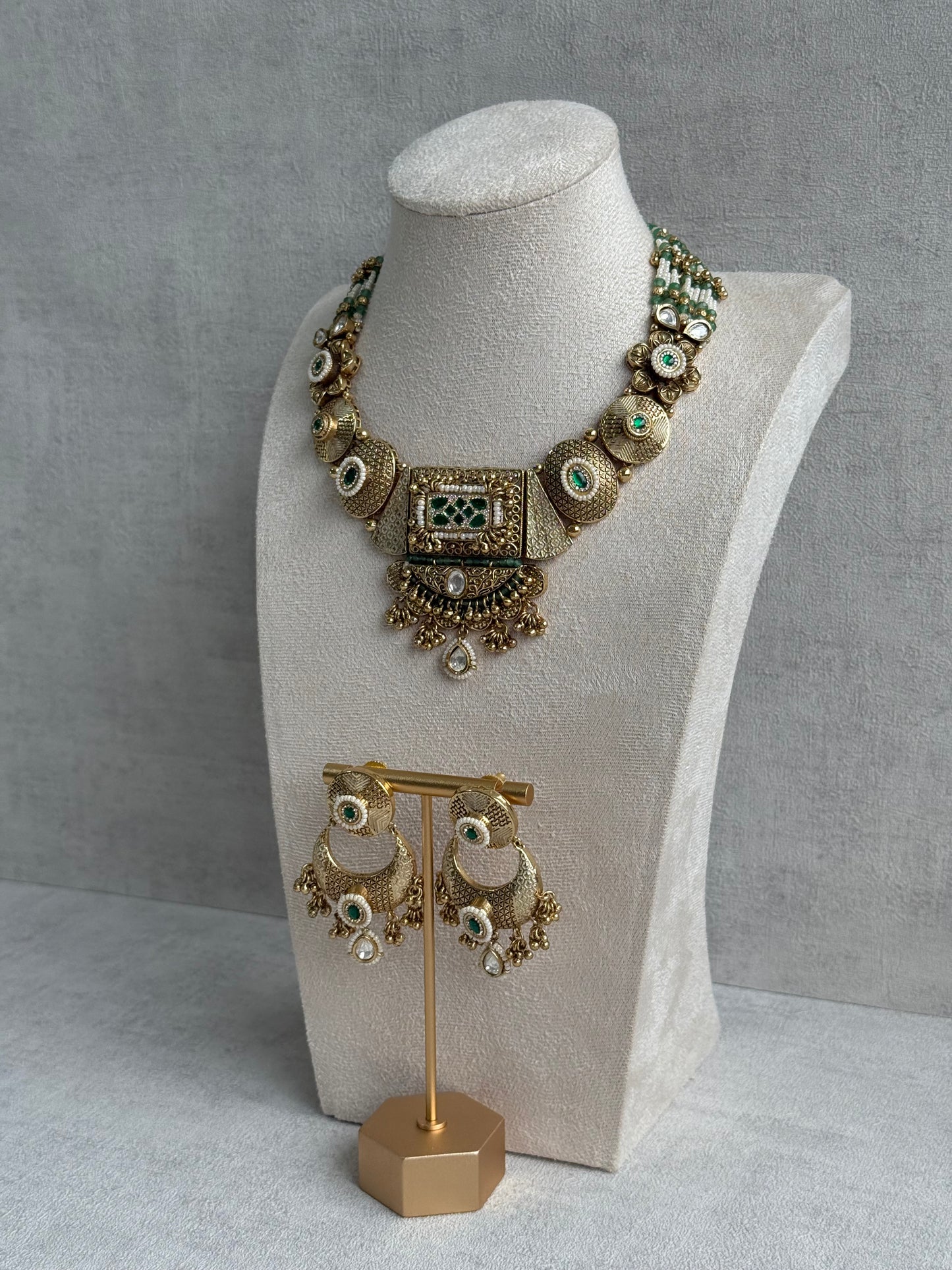 Ayura Designs Purvi Set – Necklace & Earrings with Antique Gold Filigree, Emerald & Pearl Detailing