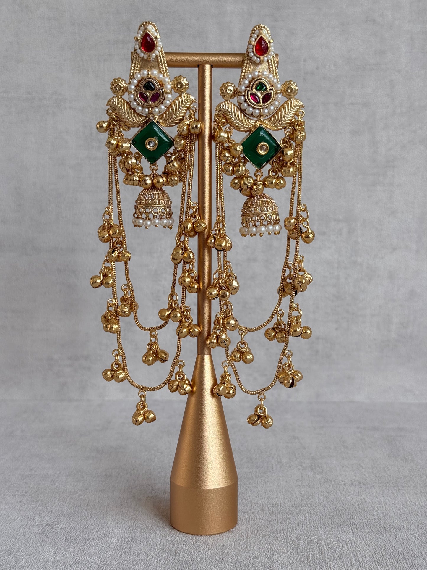 Ayura Designs Simal Earrings – Kashmiri Earrings with Green Stone, Multicoloured Detailing, Layered Ghungroo Chains & Jhumkis