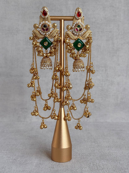 Ayura Designs Simal Earrings – Kashmiri Earrings with Green Stone, Multicoloured Detailing, Layered Ghungroo Chains & Jhumkis