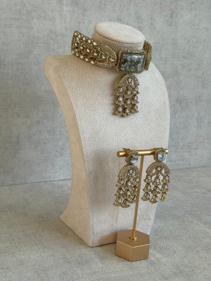 Ayura Designs Isla Choker Set with Earrings – All-White Marble & Moissanite Stones