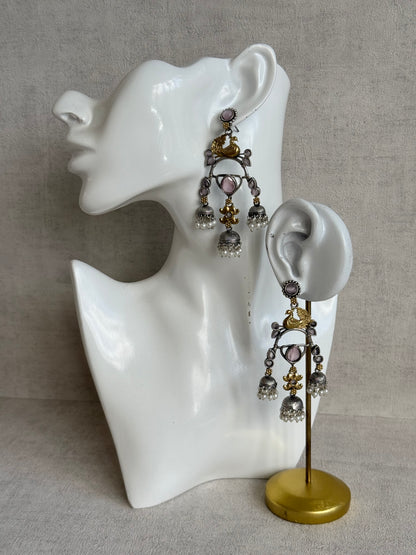 Ayura Designs Mehrza Earrings – Oxidised Peacock Motif Statement Earrings with Pearl Jhumkis & Blush Pink Stones