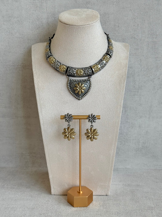 Ayura Designs Andaaz Set with Earrings – Dual Tone Oxidised Floral Necklace Set