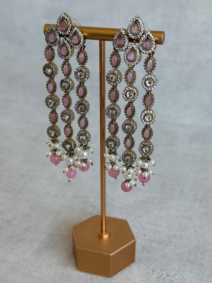 Ayura Designs Emilia Earrings – Gold Triple Strand Statement Earrings with Blush Pink Stones & Pearl Drops