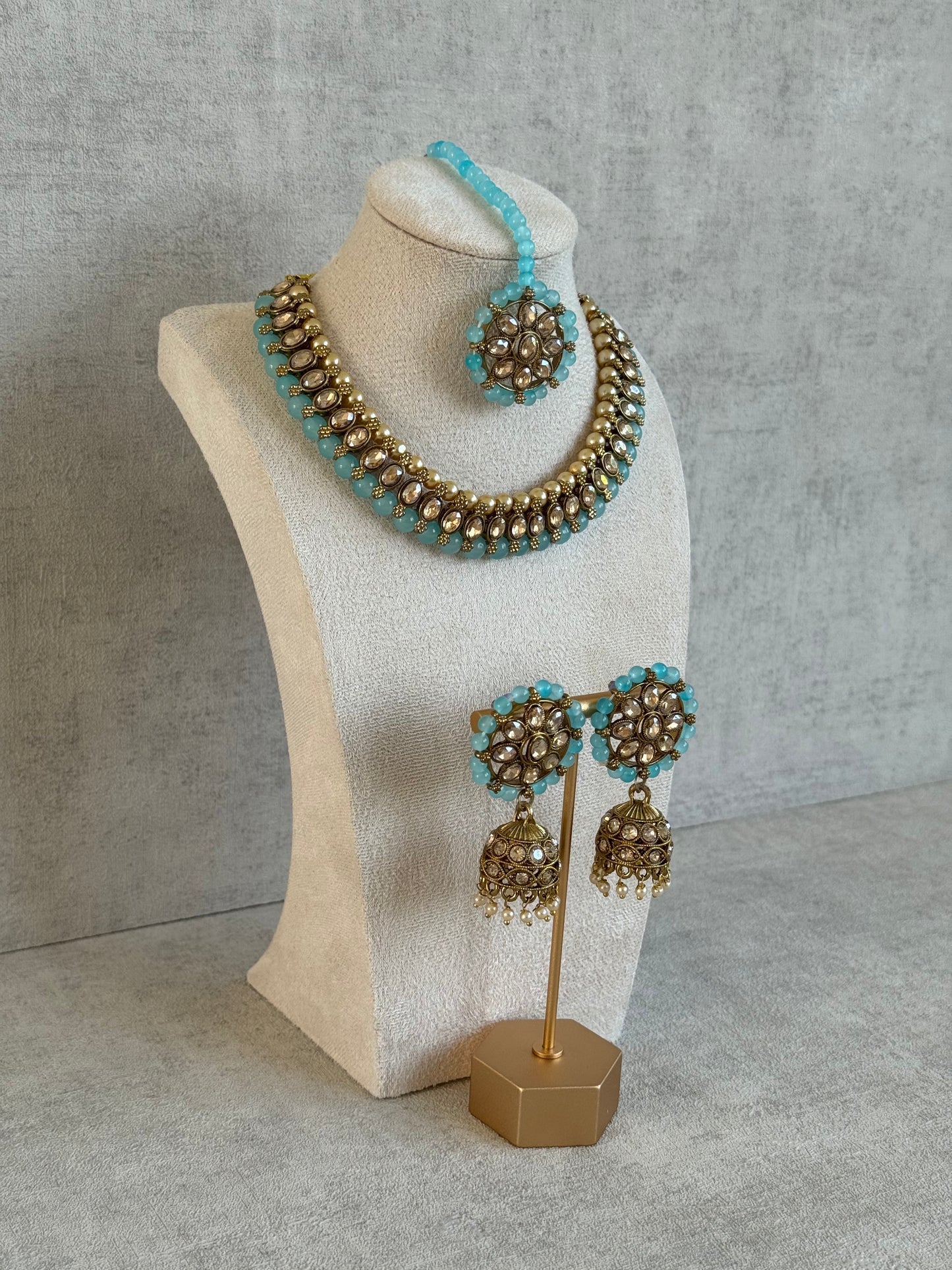 Ayura Designs Huma Set with Jhumkis & Tikka – Mirror-Cut Stones, Aqua Blue Beads & Pearl Detailing