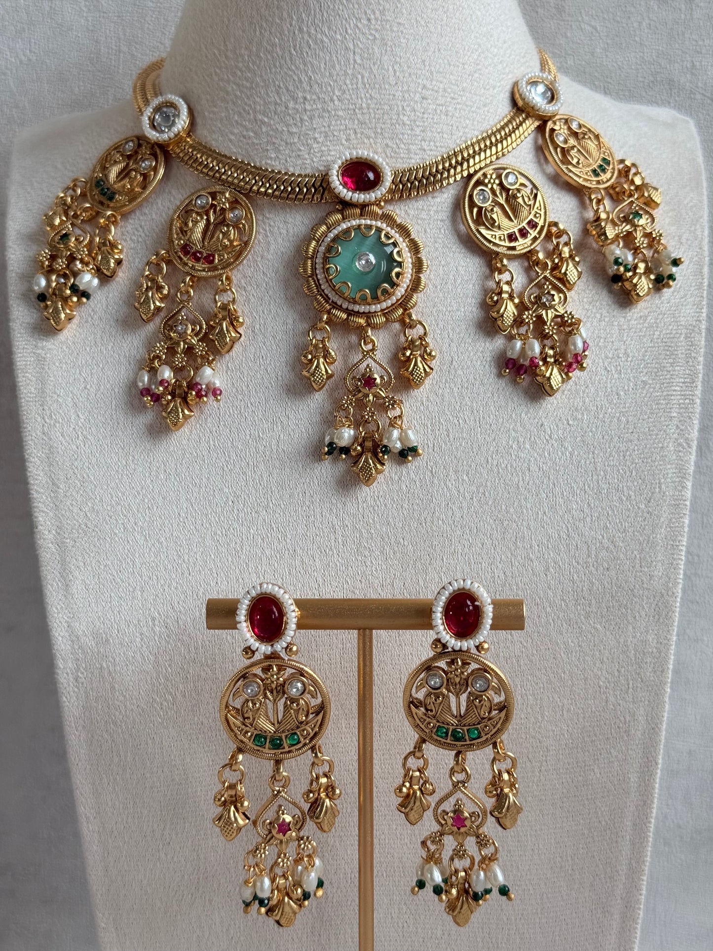 Ayura Designs Parchhai Necklace Set with Earrings – Mint Green, Ruby Red & Emerald Green Stones, Bird Motifs & Pearl Detailing
