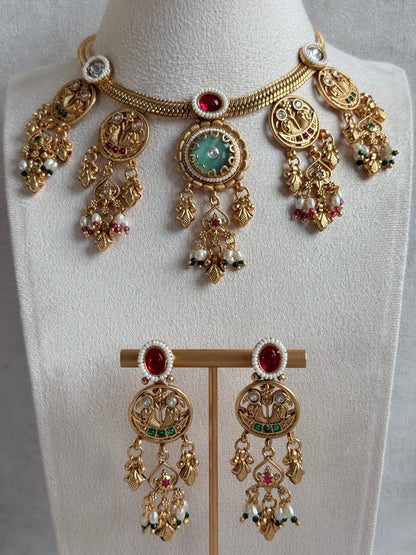 Ayura Designs Parchhai Necklace Set with Earrings – Mint Green, Ruby Red & Emerald Green Stones, Bird Motifs & Pearl Detailing