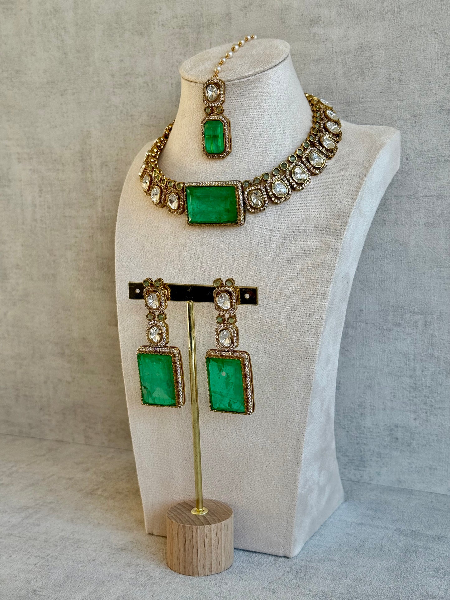 Ayura Designs Clara Set with Earrings & Tikka — Jade Green Moissanite Stones and Antique Gold Finish