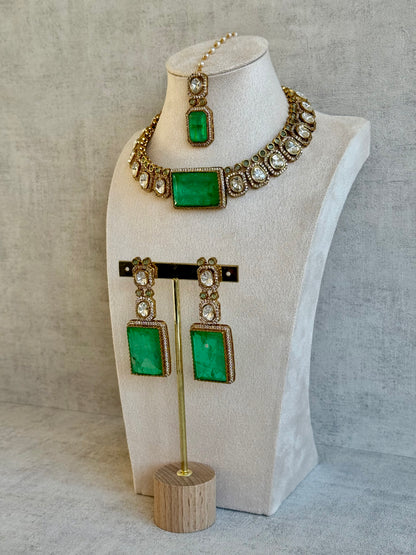Ayura Designs Clara Set with Earrings & Tikka — Jade Green Moissanite Stones and Antique Gold Finish