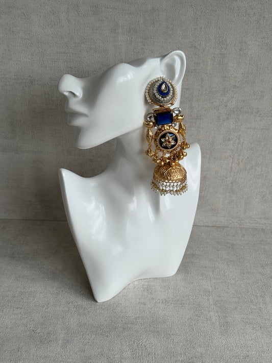Ayura Designs Neelam Earrings – Antique Gold with Navy Blue Stones, Meenakari Motifs & Pearl Fringe Jhumkis