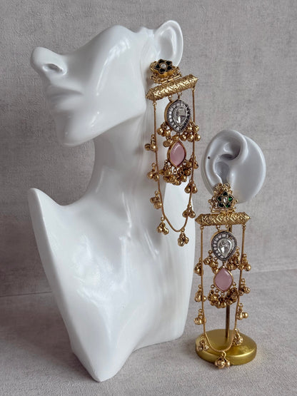 Ayura Designs Rouf Earrings – Kashmiri Earrings with Blush Pink Stone, Crystal Detailing & Ghungroo Accents