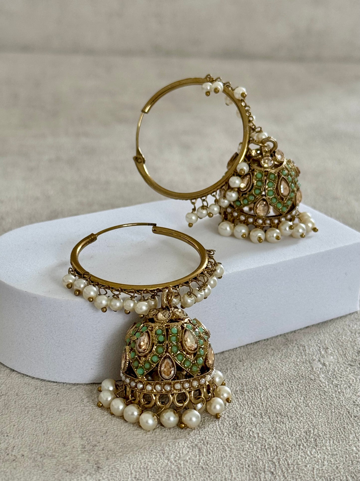 Ayura Designs Jugni Bali Jhumkas – Antique Gold with Pastel Green & Pearl Accents