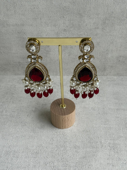 Ayura Designs Nageen Earrings – Antique Gold Jhumkis with Ruby Red Stones, Mirror-Cut Accents & Pearl Drops