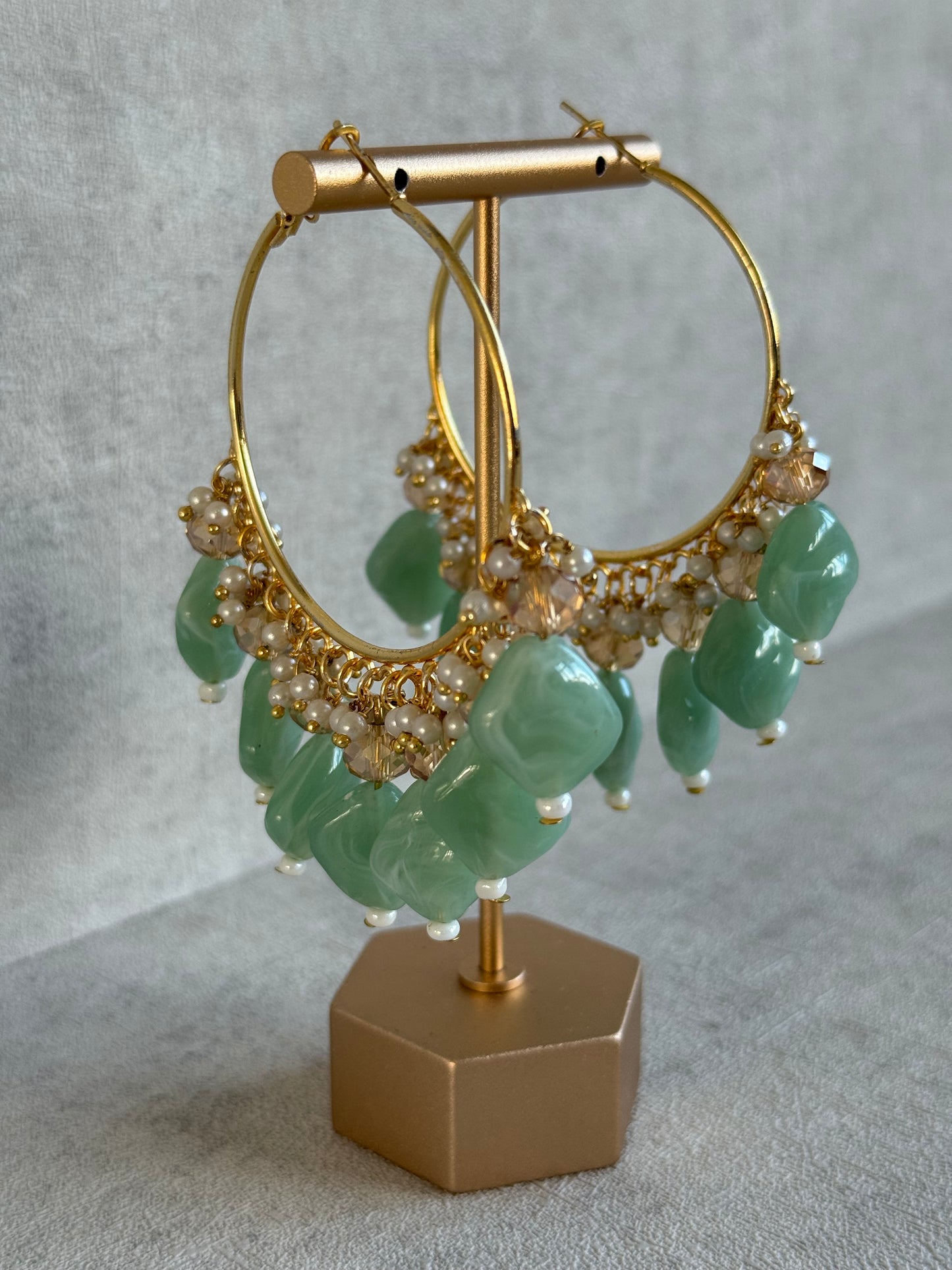 Ayura Designs Heer Balis – Gold Hoops with Mint Marble Beads, Pearls & Crystal Detailing
