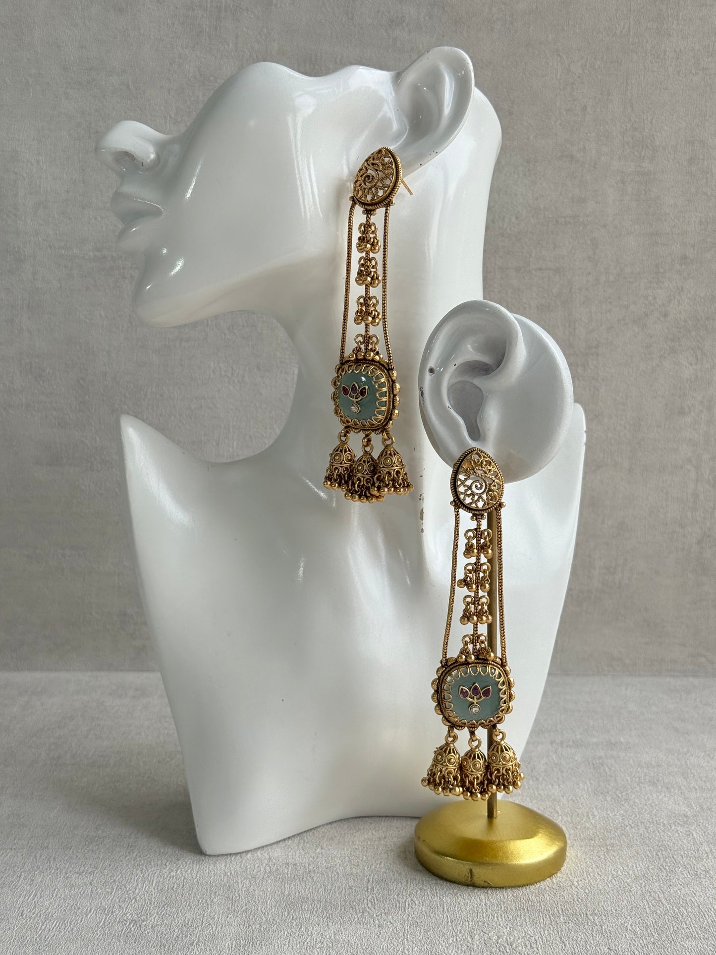 Ayura Designs Ihana Earrings – Mint Green Enamel with Pink Kundan, Ghungroo & Jhumki Detailing