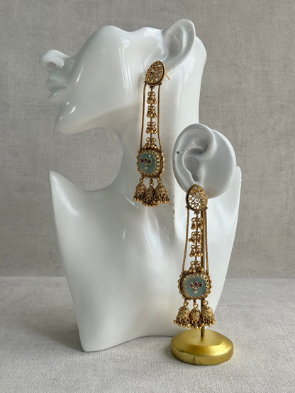 Ayura Designs Ihana Earrings – Mint Green Enamel with Pink Kundan, Ghungroo & Jhumki Detailing