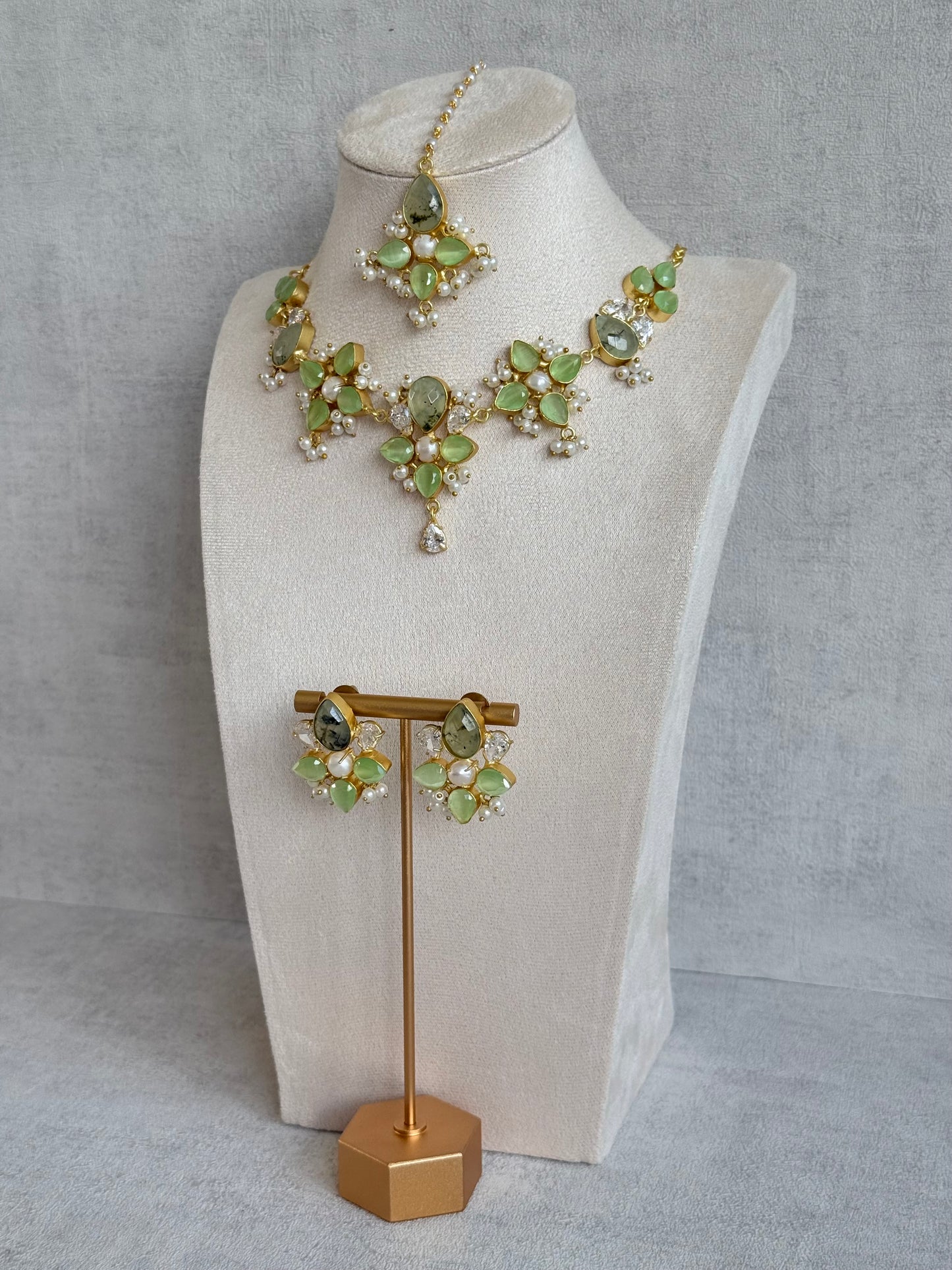 Ayura Designs Zaria Set with Tikka & Earrings – Prehnite with Pearls & Crystals