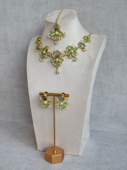 Ayura Designs Zaria Set with Tikka & Earrings – Prehnite with Pearls & Crystals