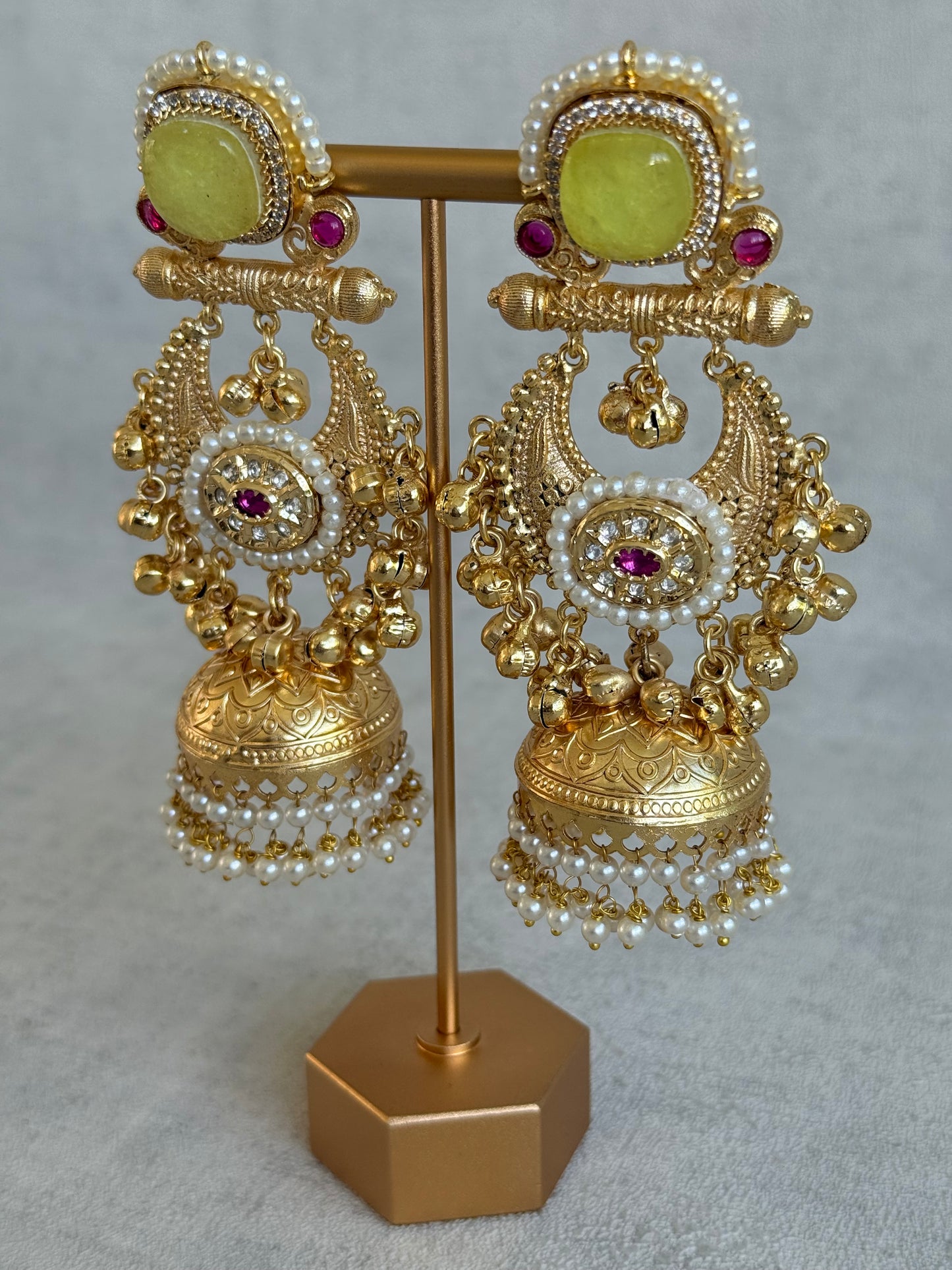 Ayura Designs Mahwish Jhumkis – Lime Yellow Stones, Pearls & Ghungroo Detailing