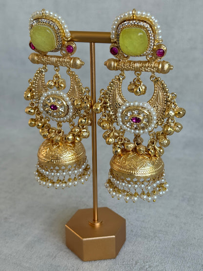 Ayura Designs Mahwish Jhumkis – Lime Yellow Stones, Pearls & Ghungroo Detailing