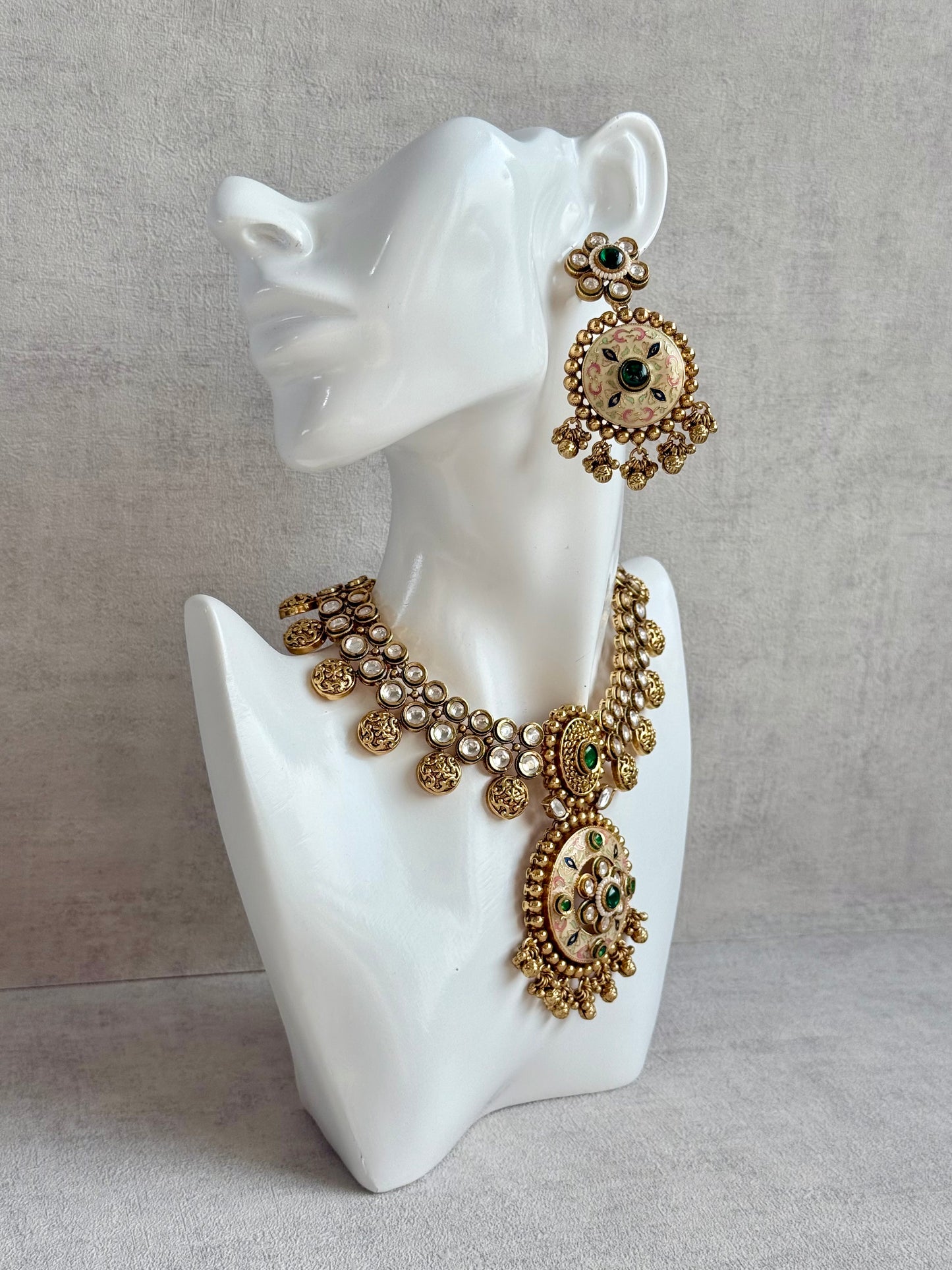 Ayura Designs Zayna Set with Necklace & Earrings – Ivory Meenakari with Emerald Green Stones