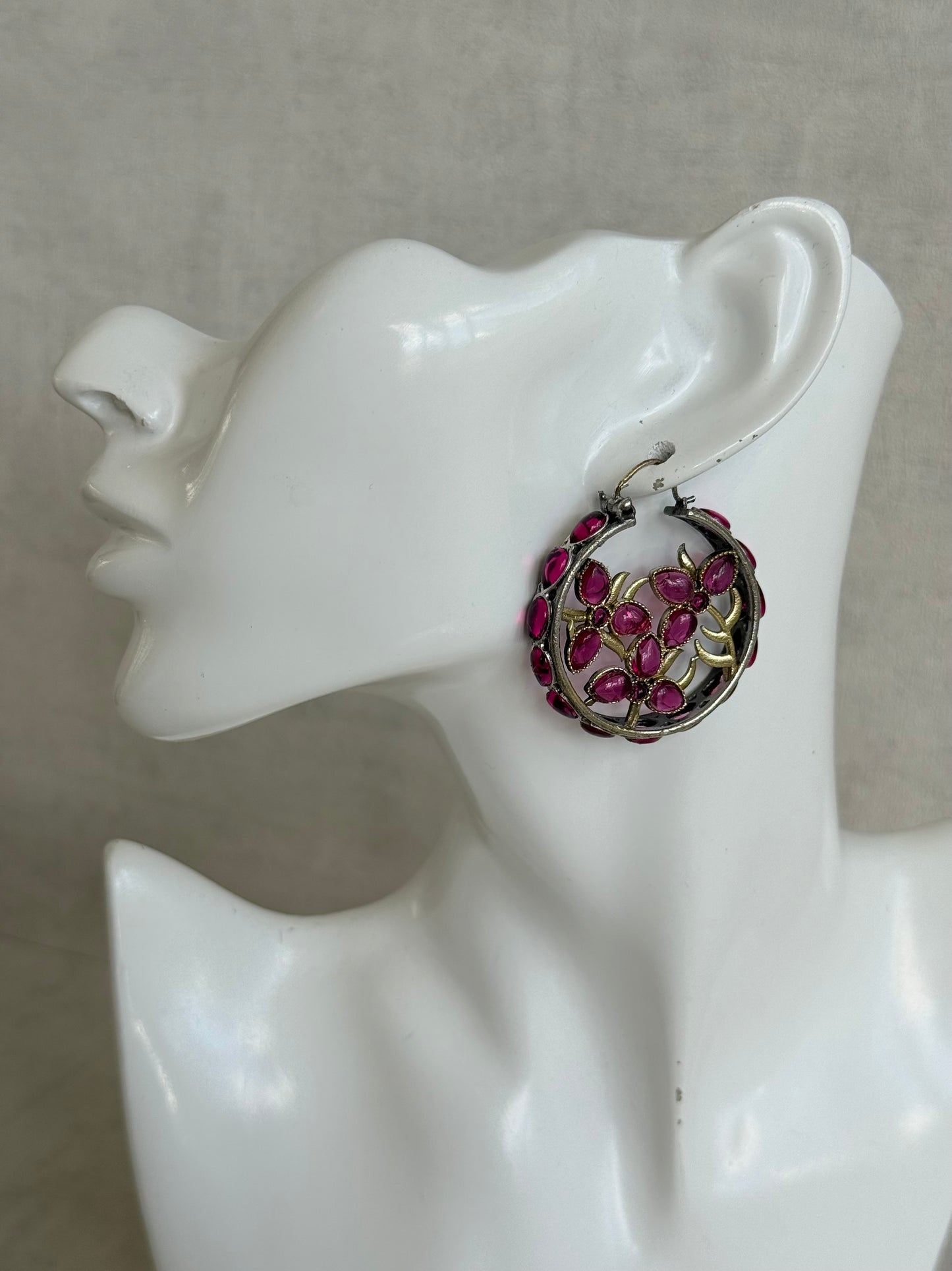 Ayura Designs Nureh Earrings – Dual Tone Floral Hoop Earrings with Ruby Pink Stones & Cutwork Detailing