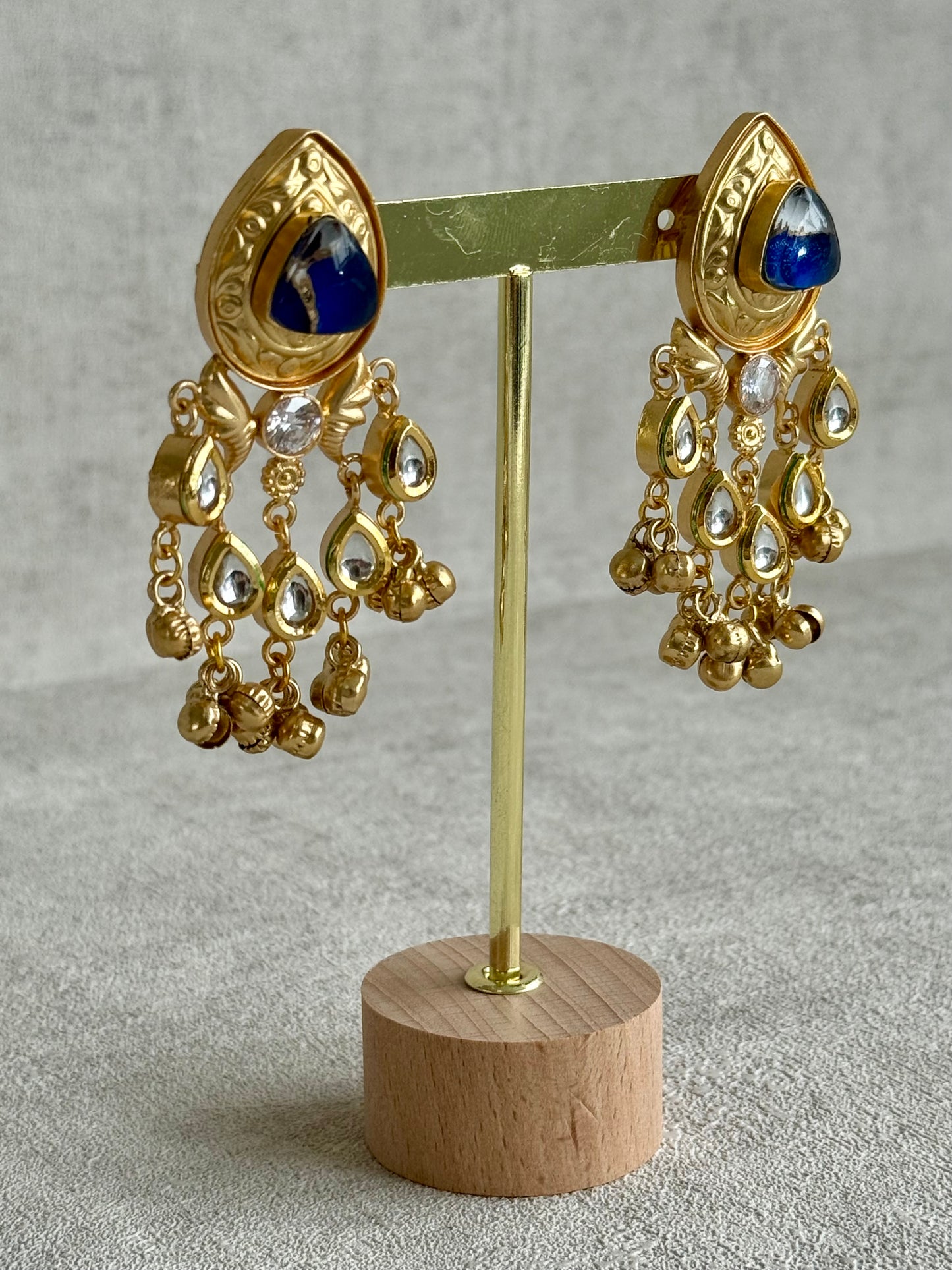 Ayura Designs Arheer Earrings – Sapphire Blue Marble with Kundan Detailing & Antique Gold Ghungroos