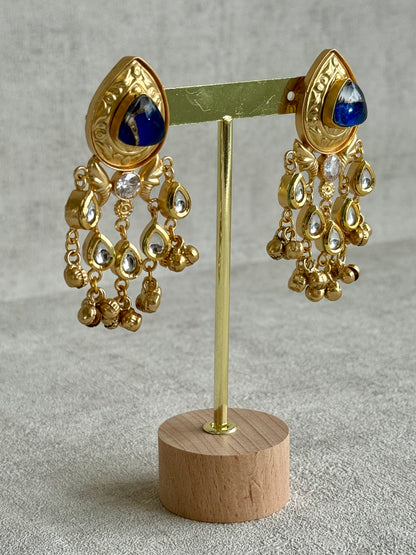 Ayura Designs Arheer Earrings – Sapphire Blue Marble with Kundan Detailing & Antique Gold Ghungroos