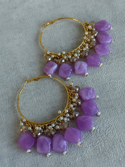 Ayura Designs Heer Balis – Gold Hoops with Lilac Marble Beads, Pearls & Crystal Detailing