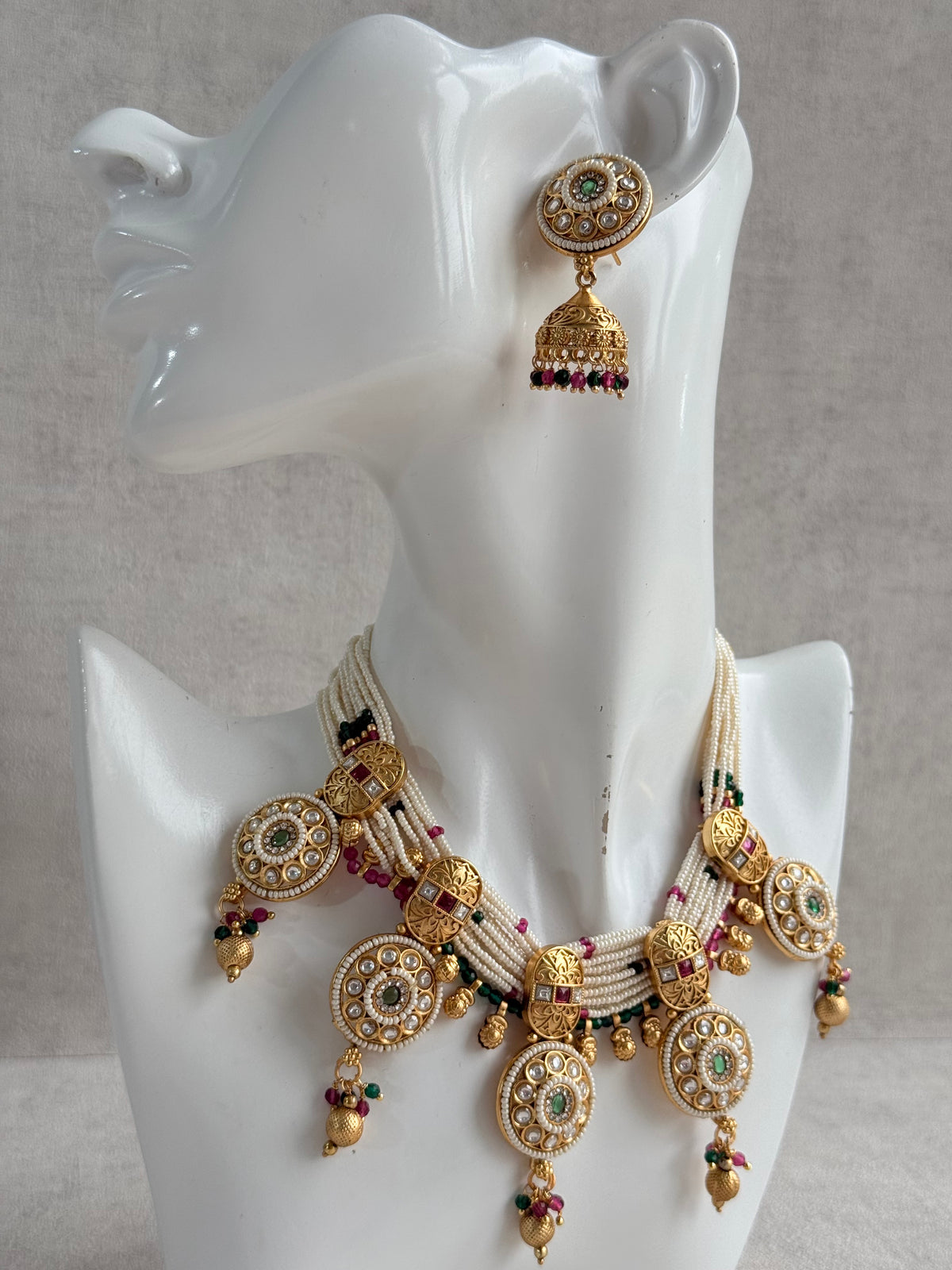 Ayura Designs Kesar Necklace Set with Jhumkis – Multi-Strand Pearl Design, Kundan, Rani Pink & Green Stones & Gold Finish