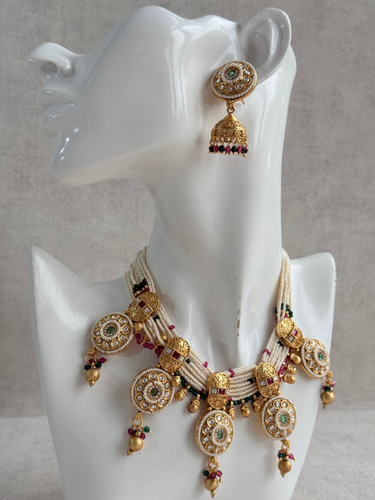 Ayura Designs Kesar Necklace Set with Jhumkis – Multi-Strand Pearl Design, Kundan, Rani Pink & Green Stones & Gold Finish