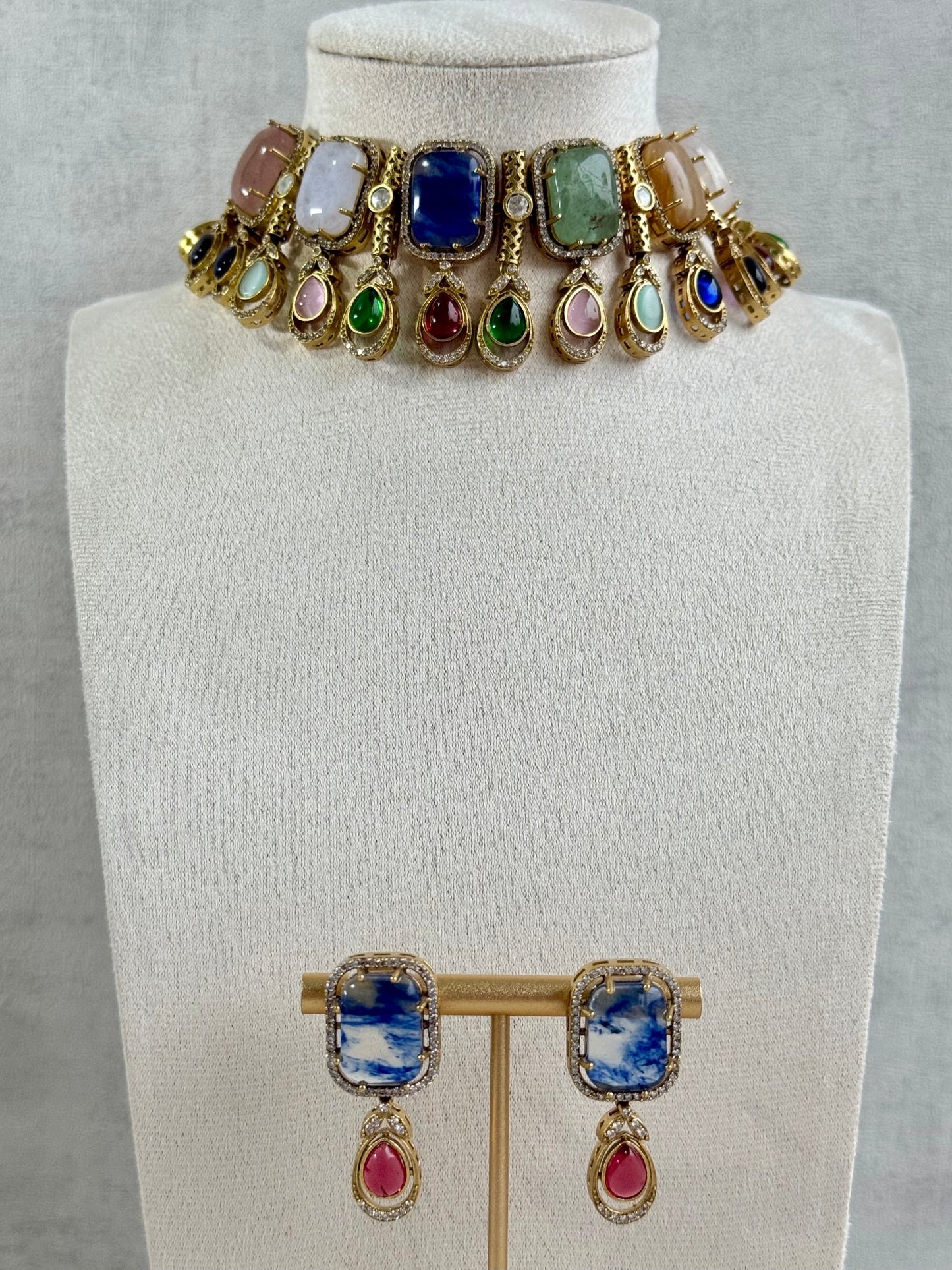 Ayura Designs Adelaide Necklace Set with Earrings – Multicolour Moissanite with Blue Stone Drop Earrings