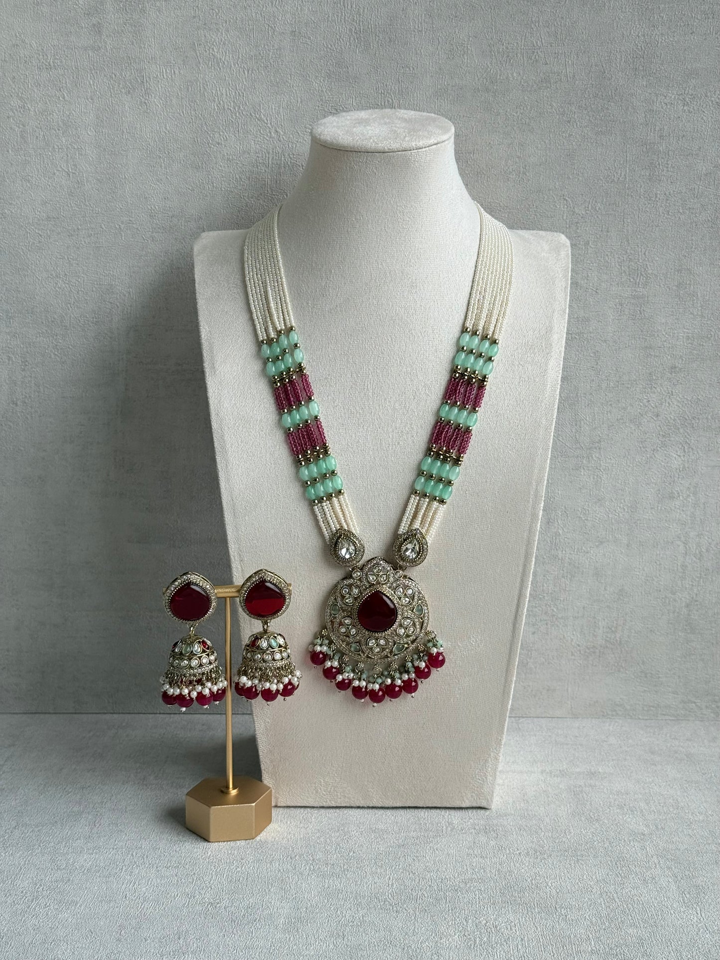 Ayura Designs Brielle Set – Necklace & Jhumkis with Mirror-Cut Stones, Ruby Red, Mint Green & Ivory Pearl Detailing