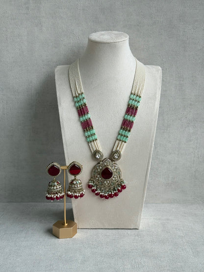 Ayura Designs Brielle Set – Necklace & Jhumkis with Mirror-Cut Stones, Ruby Red, Mint Green & Ivory Pearl Detailing