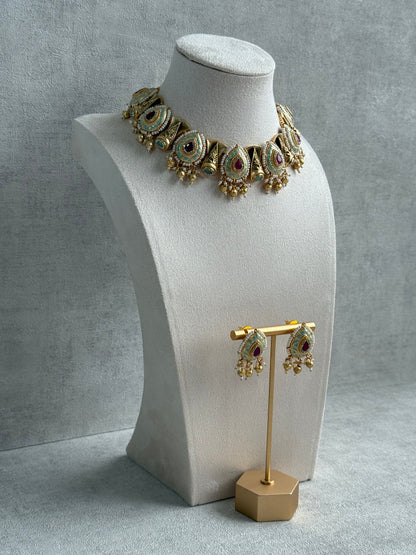 Ayura Designs Aaira Set with Necklace & Studs – Mint Green Meenakari with Rani Pink Centre & Pearl Detailing
