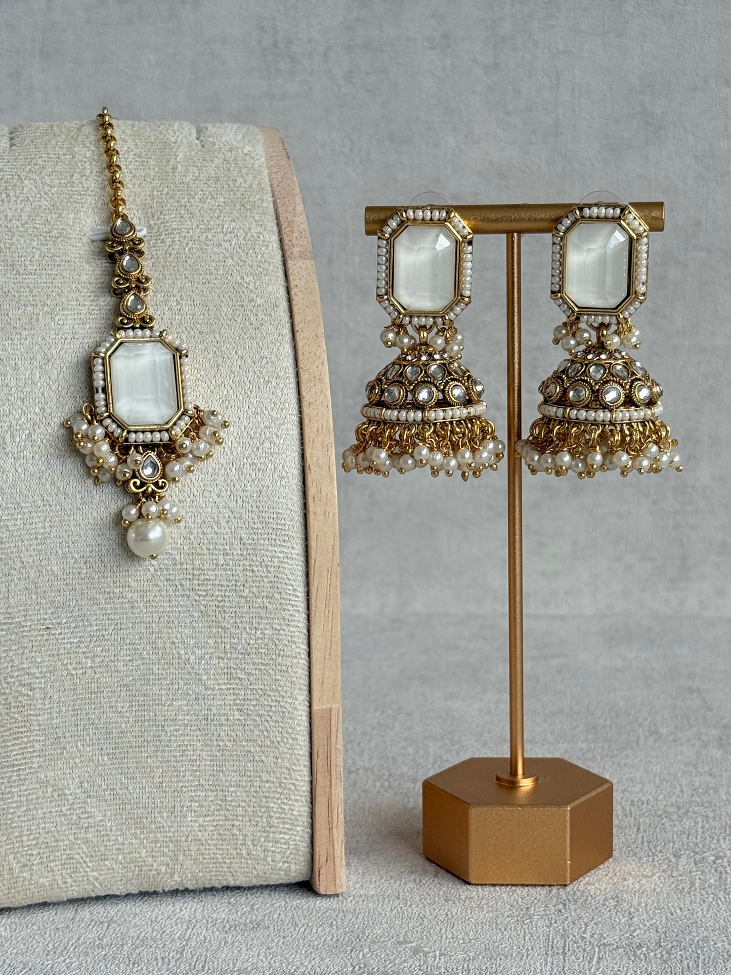 Ayura Designs Heena Tikka Set with Jhumkis – Ivory Stone, Kundan & Pearl Detailing