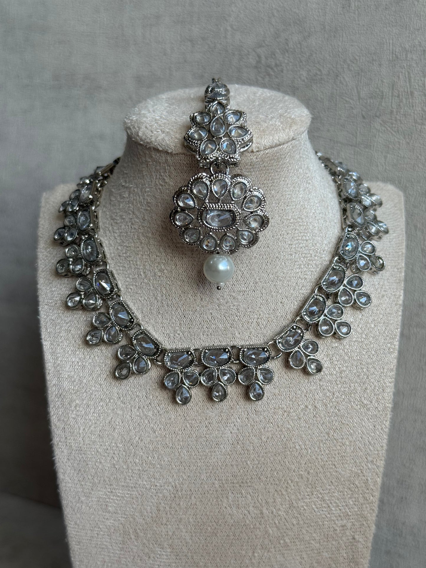 Ayura Designs Sumbul Set with Necklace, Earrings & Tikka – Mirror-Cut Stones, Pearl Drops & Silver Finish
