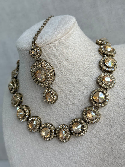 Ayura Designs Eira Necklace Set with Earrings & Tikka – Champagne Gold Crystal Stones with Antique Gold Finish