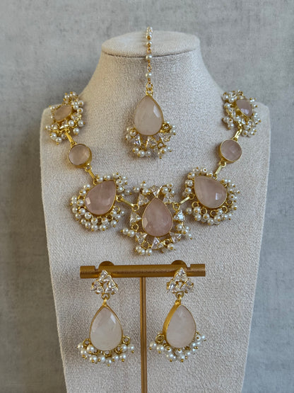 Ayura Designs Rosa Set with Tikka & Earrings – Rose Quartz, Crystals & Pearls