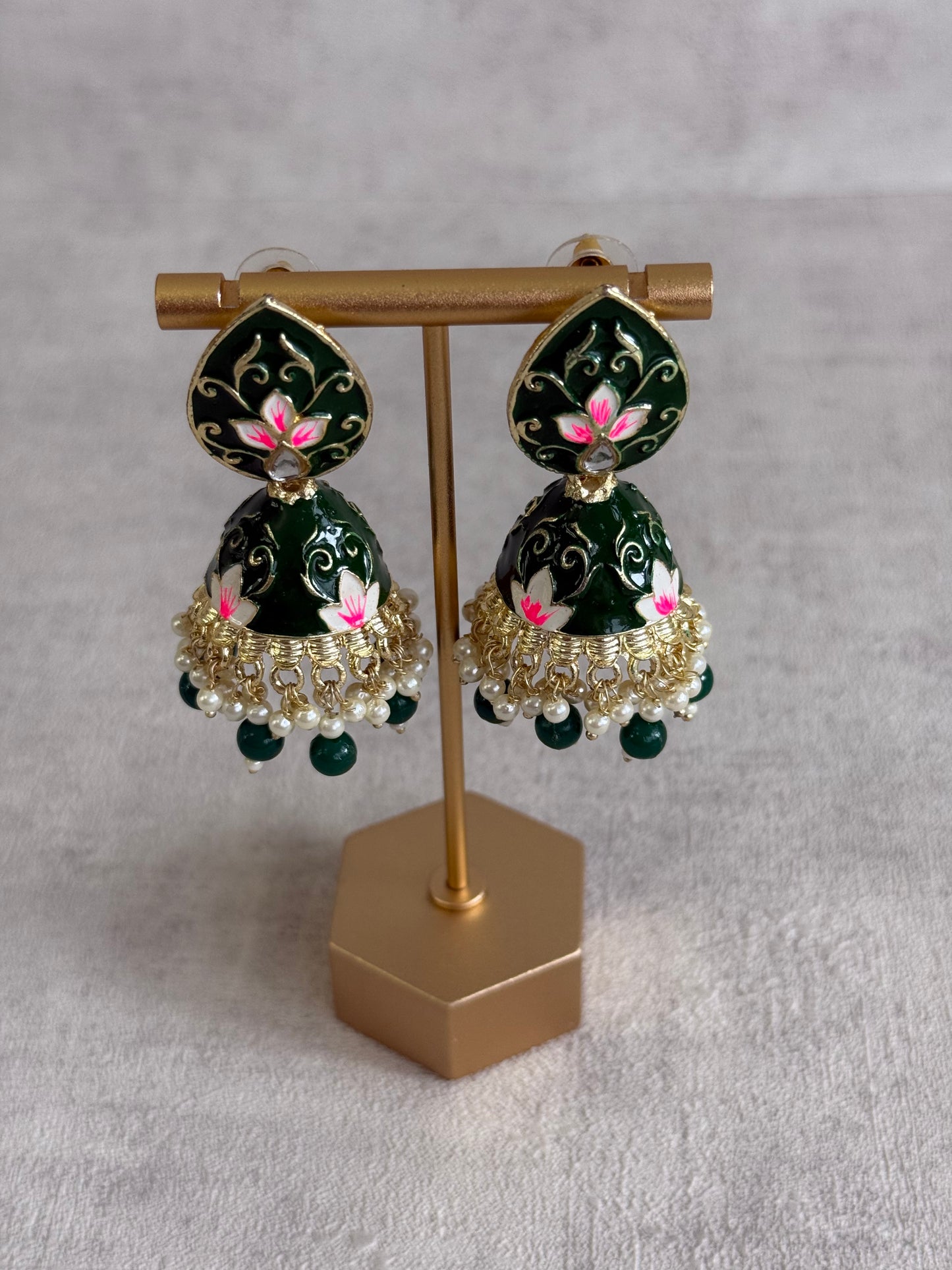 Ayura Designs Gia Jhumkis – Emerald Green Meenakari with Pink Lotus Motifs & Ivory Pearl Drops