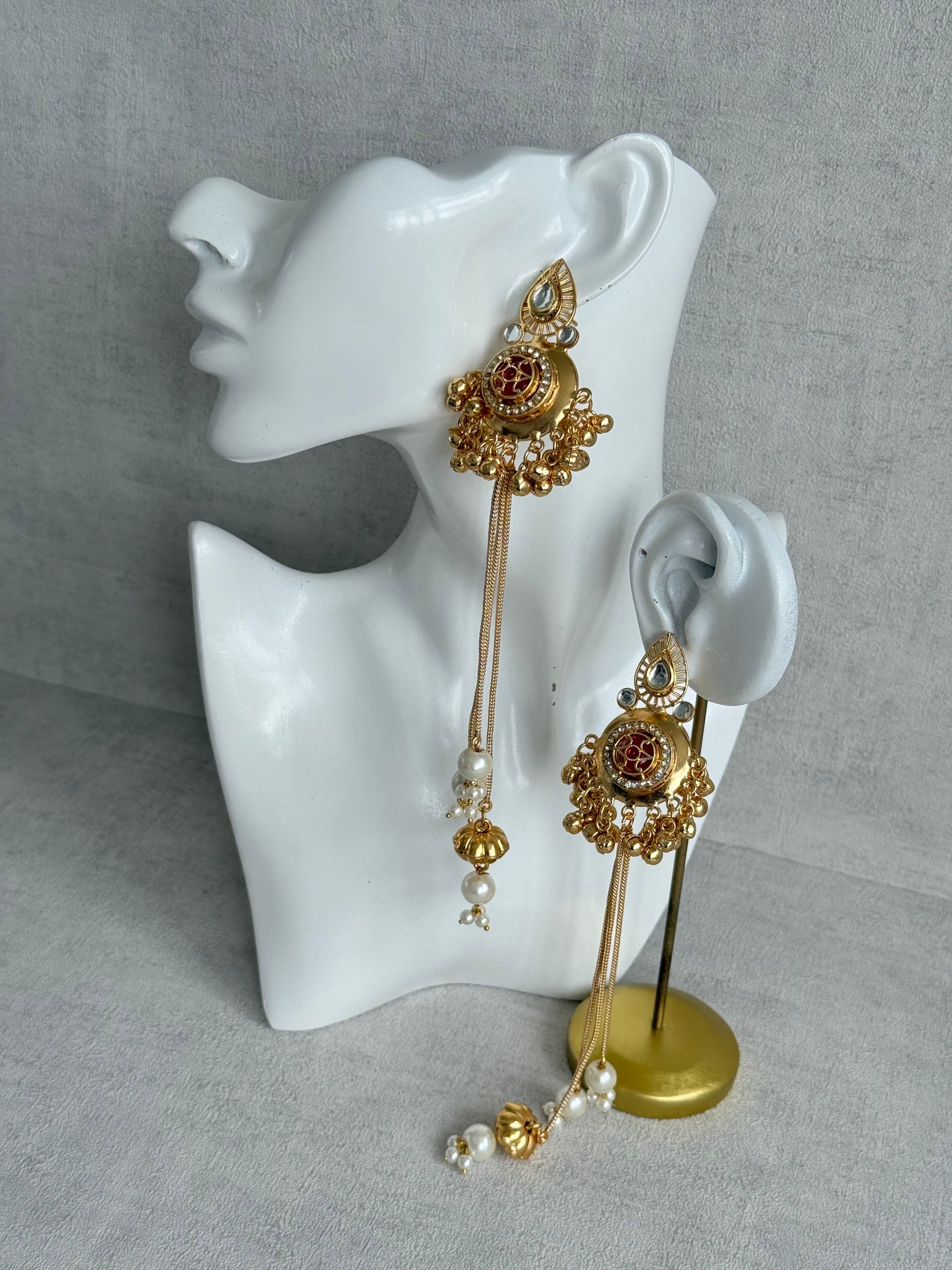 Ayura Designs Kashveen Earrings – Ruby Red Kundan Stones with Pearl Chain Drops & Ghungroo Detailing