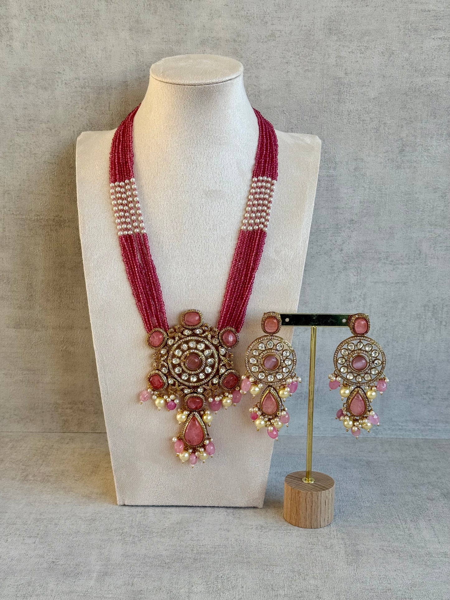 Ayura Designs Julia Set – Kundan Necklace & Earrings with Rose Pink Stones, Pearls & Crystal Detailing