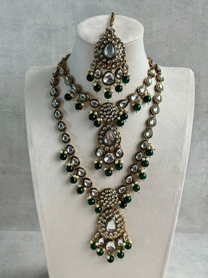 Ayura Designs Kalika Set with Necklace, Earrings, Tikka & Ring – Polki-Style Stones with Antique Green Enamel Detailing, Emerald Green Beads & Pearl Drops