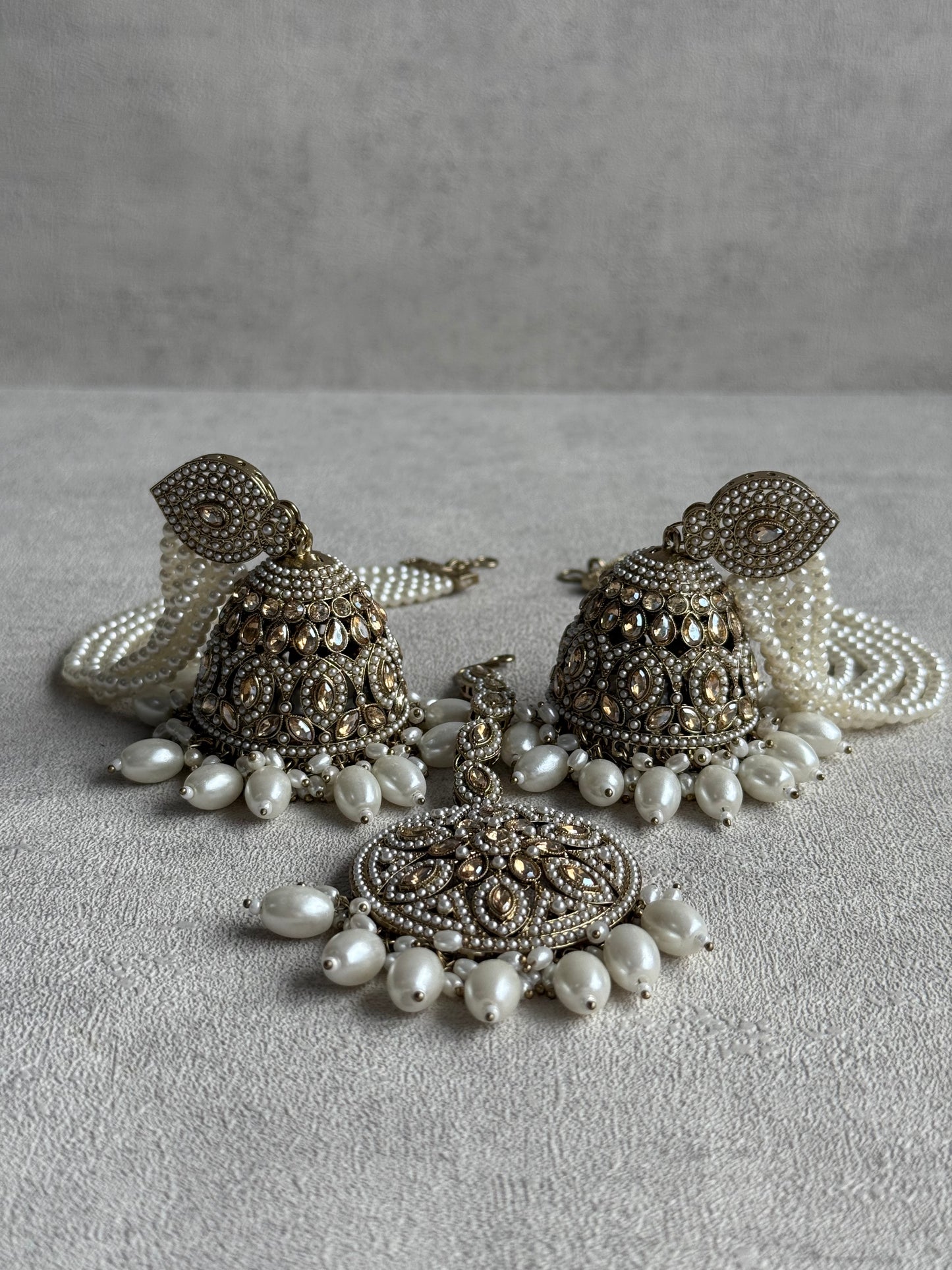 Ayura Designs Amrita Set – Jhumkis with Sahare & Tikka in Ivory Pearls and Antique Gold Finish